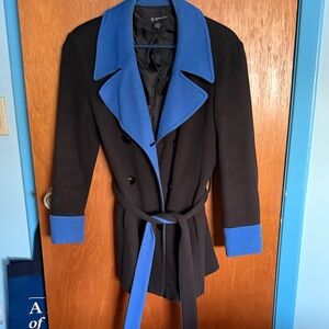 INC International Concepts Black Trench Coat with Vibrant Blue Details